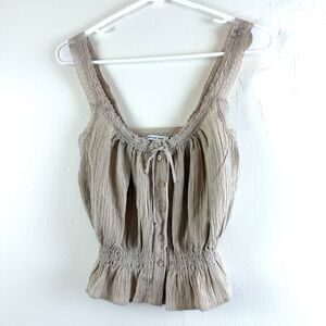 Y2K Milkmaid Lace Boho Top American Eagle Western Beige Tan Crinkle Size XS